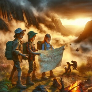 children exploring an uncharted territory with a special map revealing the landscape and dangers (1)